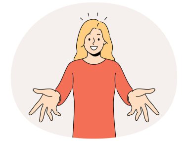 Smiling woman with arms open feel positive and optimistic meeting someone. Happy girl stretch hands welcoming newcomer or newbie. Vector illustration. clipart