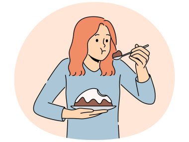 Pasta yiyen kadın kendini suçlu hissediyor. Hüsrana uğramış kız diyette aldatıyor tatlı tatlının tadını çıkar. Beslenme ve suçlu zevk anlayışı. Vektör illüstrasyonu.