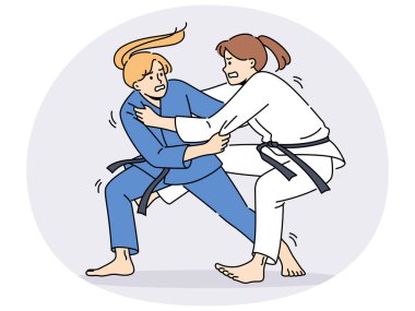 Karate kimonolu kadınlar ringde dövüşüyor. Üniformalı kadın sporcular dövüş sanatlarıyla ilgileniyor. Spor ve rekabet. Vektör illüstrasyonu.