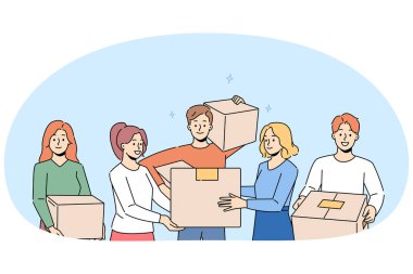 Karton kutularla gülümseyen insanlar birlikte hareket ediyorlar. Paketleri olan mutlu kadın ve erkekler yeni bir eve taşınıyorlar. Vektör illüstrasyonu.