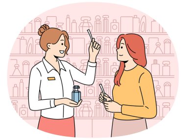 Kadın müşteri güzellik salonundan parfüm alıyor. Dükkanda ya da butikte kozmetik ürünleri alan kız müşterilere yardım eden danışman. Vektör illüstrasyonu.
