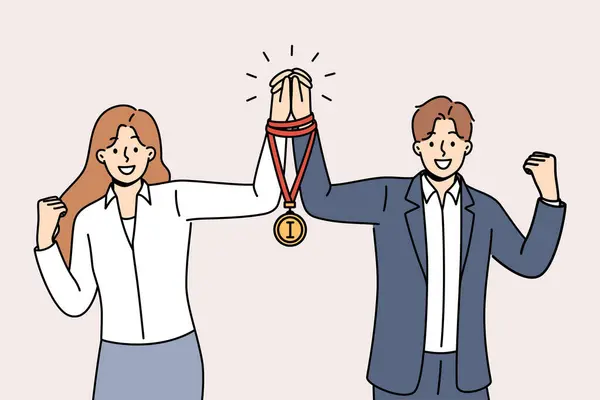 チームビジネスマンと女性は 割り当てられたタスクの優れた仕事のための受賞者メダルを受け取りました ユニオンまたはオフィス従業員のチームは プロのスキル競争で勝利とトロフィーにつながる ストックベクター
