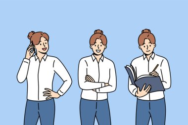 İş kadını telefonda konuşuyor, ortak toplantısı ayarlıyor ve günlüğe giriş yapıyor. Başarılı bir iş kadınının görüntüsü. Kollarını kavuşturup kameraya bakıyor.