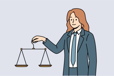 Woman lawyer holds scale in hand, listening to arguments of parties and trying to make fair and legal decision. Girl lawyer defending people at court hearings looks at screen with smile. clipart