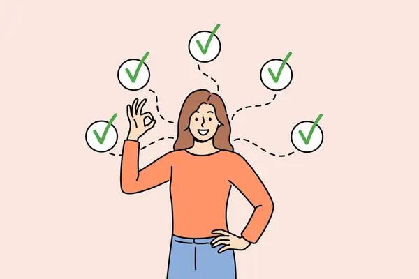 stock vector Woman shows ok gesture, reporting achievement of all assigned tasks, standing among checkmarks. Girl filled out questionnaire about quality of services provided is busy completing tasks