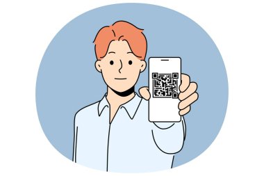 Cep telefonlu bir adam cihaz ekranında QR kodu gösteriyor. Adam akıllı telefondan dijital şifre gösteriyor. Teknoloji ve sanal gerçeklik. Vektör illüstrasyonu.