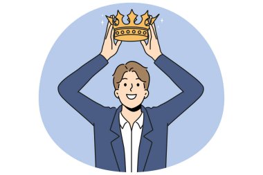 Smiling businesswoman put golden crown on head. Happy male employee coronated. Royalty and leadership. Vector illustration. clipart