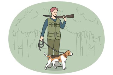 Ormanda köpek tasmalı haki üniformalı bir erkek avcı. Vahşi doğada köpek gibi avlanan bir adam. Vektör illüstrasyonu.