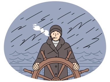 Kaptan dümende dikilip pipo içiyor. Fırtınada okyanusta yelken açan gülümseyen adam. Deniz hayatı. Vektör illüstrasyonu.