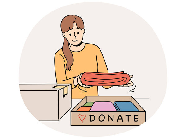 Smiling woman pack clothes in boxes to give for donation or charity. Kind happy girl donate apparel to needy poor people. Volunteering. Vector illustration.