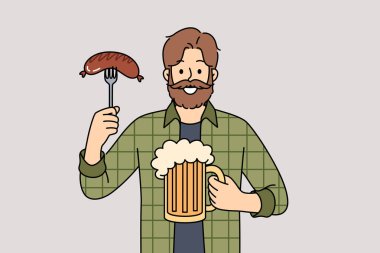 Elinde bir kupa bira ve Bavyera sosisi gülümsemesi olan bir adam, bir hafta çalıştıktan sonra dinlenmek için bara ya da meyhaneye gidiyor. Oktoberfest 'e katılan mutlu adam köpüklü bira ve atıştırmalıkların tadını çıkarıyor.