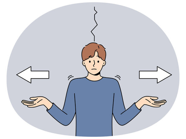 Озадаченный человек не может принять решение и протягивает руки, стоящие рядом со стрелками, указывающими в разных направлениях. Озадаченный парень сталкивается с трудным выбором и пожимает плечами, чтобы попросить о помощи
