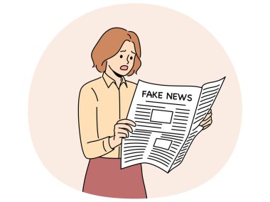 Gazetecilerden yanlış bilgiler okuyan, okuyucuları korkutmak için propaganda teknikleri kullanan sahte haberlerle dolu bir gazete. Sahte haberleri olan kız korkmuş bir şekilde ağzını açar.