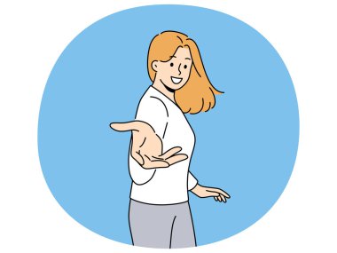 Gülümseyen kadın kameraya el ele tutuşarak birini davet ediyor. Ekrana doğru uzayan mutlu kadın kolları. Davetiye ve talep. Vektör illüstrasyonu.