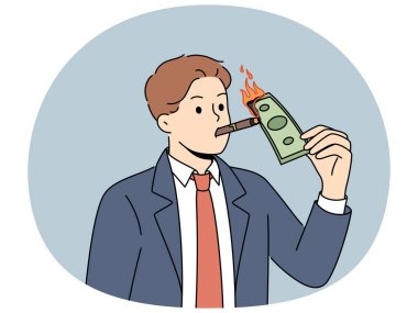 Zengin iş adamı sigara içiyor, banknot yakıyor. Takım elbiseli bir milyoner sigara ateşiyle para yakıyor. Refah ve zenginlik. Vektör illüstrasyonu.