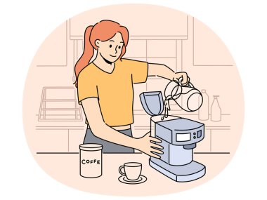 Gülümseyen kadın makineye su dökerek makineden kahve yapıyor. Mutlu kadın evde kahve yapmak için alet hazırlıyor. Teknoloji konsepti. Vektör illüstrasyonu.