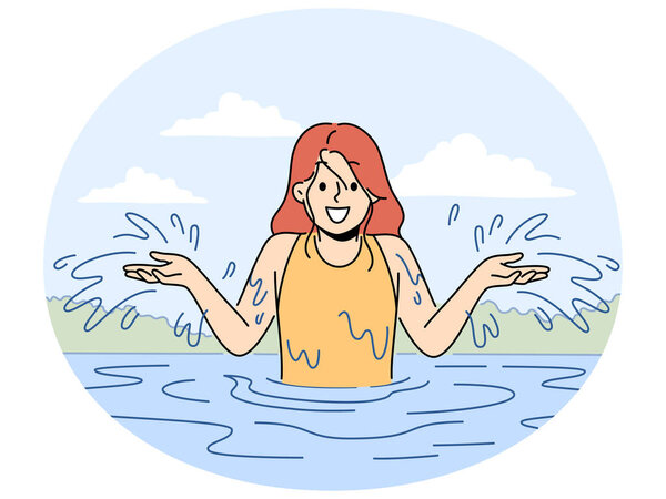 Улыбающаяся девушка веселится, плескаясь в воде летом. Весёлого детского плавания, играющего в реке летом. Детство. Векторная иллюстрация.