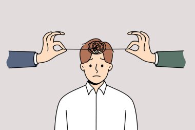 Kafasında karmaşık iplikler olan bir adamda psikolojik sağlık sorunları var ve arkadaşlarının elleri yumruyu çözmeye çalışıyor. Psikolojik bozukluk ve psikoterapiste ihtiyacı olan iş adamında delilik.