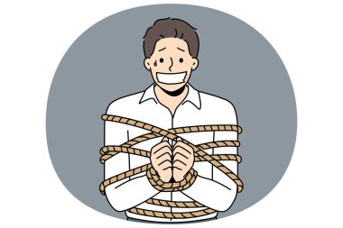 Ağzı mühürlü bir şekilde iplere bağlanmış bir iş adamı. Korkak bir erkek çalışanın rehine ya da kaçırılma kurbanı olması. Vektör illüstrasyonu.