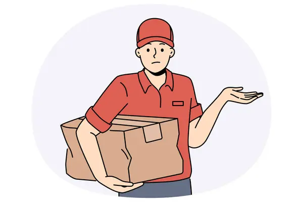 stock vector Distressed deliveryman with damaged cardboard box in hands. Unhappy confused courier or messenger with bad parcel order. Delivery service. Vector illustration.