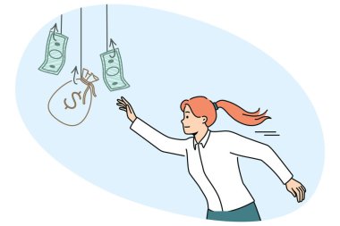 Kadın paranın peşinde koşuyor, kolay para istiyor ve tuzağa düşme riskini göze alıyor. Ekonomik dolandırıcılık kavramı ve insanları finansal piramide dahil etmek için kolay kâr vaadi