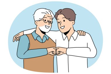 Genç oğul ve yaşlı baba, nesiller arasındaki birliği ve dostluğu göstermek için yumruk tokuşturur. Farklı yaşlardaki insanlar birlikte güçlü olduğumuzu söylüyor. Nesiller boyu arkadaş olmaya çağırıyoruz.