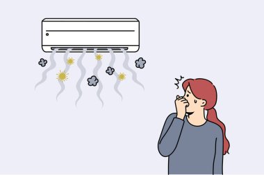 Broken air conditioner causes stench and spread of germs in apartment with girl covering nose. Problem with air conditioner or split system that contributes to appearance of bacteria clipart