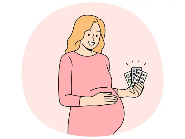 stock vector Pregnant woman holds blisters of pills and vitamins to support immunity of baby in womb. Pregnant expectant mother recommends taking useful medicines to get rid of health problems.