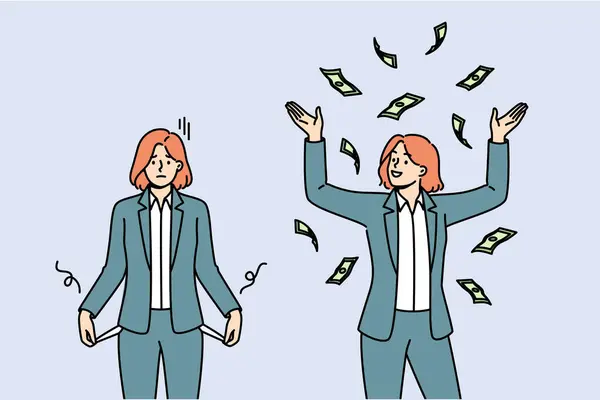 stock vector Financial progress of poor business woman who has increased income and throws money up. Girl with empty pockets became rich thanks to successful investments in financial market or purchase of bonds