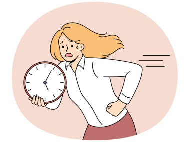 Çalışan kadın saati tutuyor ve teslim tarihlerine uymaya çalışıyor ve işi zamanında tamamlamaya çalışıyor. Yönetici olarak kariyer yapan iş kadını geç kalmamak ve teslim tarihlerine yetişmek için acele ediyor..