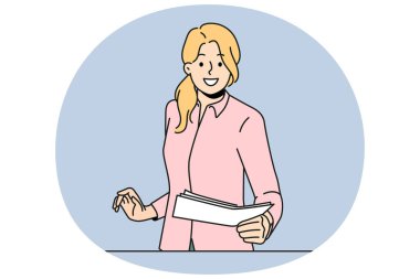 Gülümseyen kadın çalışan ofiste evrak işlerini hallediyor. İş yerindeki mutlu katip geçiş belgeleri. Vektör illüstrasyonu.