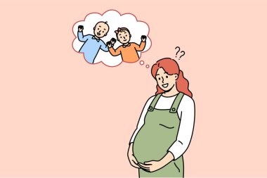 Hamile anne, kız ve erkekten ikiz doğurmayı bekliyor ve gülümseyerek karnını tutuyor. Neşeli hamile kadın, doğmamış çocuğun cinsiyetini düşünerek gelecekteki erkek ya da kızı hayal eder.