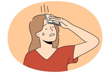 Sağlıksız bir kadın, yaz caddesinde sıcak hava yüzünden aşırı ısınmış hisseder. Kötü kadın, sıcak çarpması ve baş dönmesi ile mücadele ediyor. Vektör illüstrasyonu.