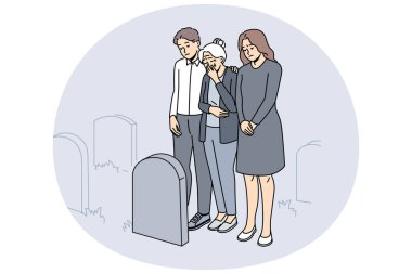 Siyah elbiseli mutsuz bir aile mezarlıktaki mezarda ağlıyor. Üzgün insanlar, ölen insanların ardından mezarlarında yas tutarlar. Defin. Vektör illüstrasyonu.