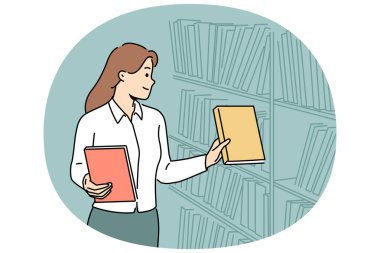 Dişi kütüphaneci kitapları kitaplıklara koydu. Kütüphanede çalışan bir kadın. Meslek ve meslek. Vektör illüstrasyonu.