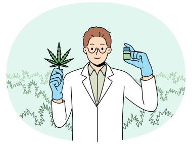 Marihuananın yasallaştırılmasını öneren narkotik bitki yapraklarından üretilen kenevir yağlı insan biyoloğu. Beyaz önlüklü doktor, tehlikeli hastalıklarla savaşmaya yardımcı olan kenevir yaprağını göstermektedir.