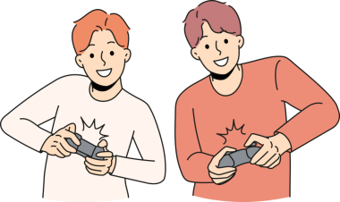 Mutlu adamlar video oyunu oynarken eğlenir.