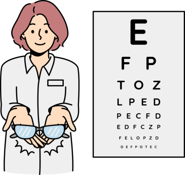 Kadın göz doktoru müşteriye gözlük veriyor.