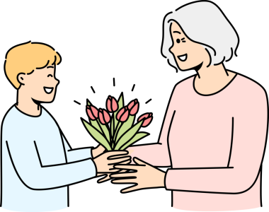 Gülümseyen çocuk büyükanneyi çiçeklerle selamlıyor.