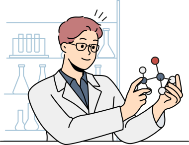 Erkek bilim adamı atom modeliyle çalışıyor