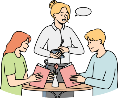 Garson restorandaki genç çiftten sipariş alıyor..