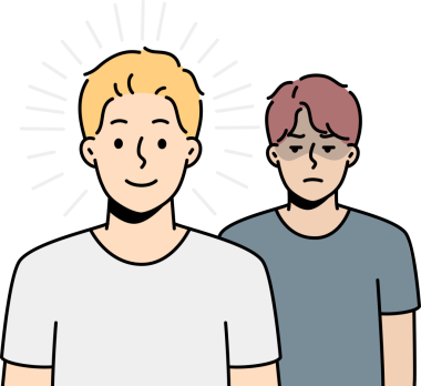 Mutlu adam üzgün olanın önünde duruyor. Kazanan, kaybeden.