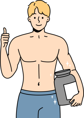 Ellerinde proteinle gülümseyen vücut geliştirici.