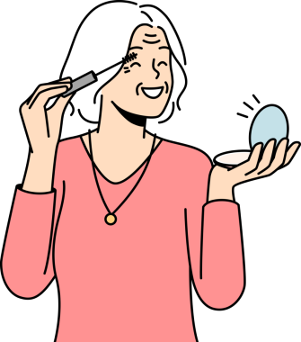 Mutlu yaşlı kadın makyaj yapıyor.