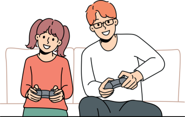 Gülümseyen baba kız video oyunları oynuyor.