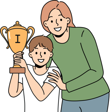 Gülümseyen anne oğluna sarılıyor altın kupayla