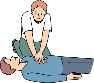 Genç adam yerde yatan kişiye kalp masajı yapıyor.