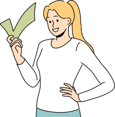 Elinde çek işaretiyle gülümseyen kadın.