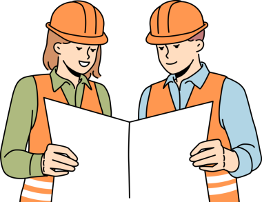 Gülümseyen mühendisler plan üzerinde birlikte çalışırlar.