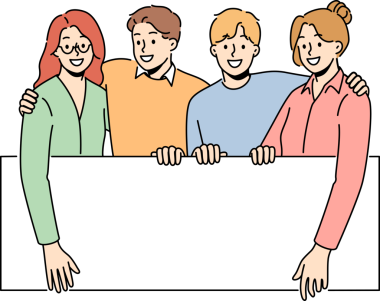 Gülümseyen insanlar ellerinde maket posteri tutuyor.